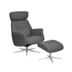 Ronda Swivel Recliner Chair & Footstool /Leather-Match:- Charcoal / Chrome Star Base