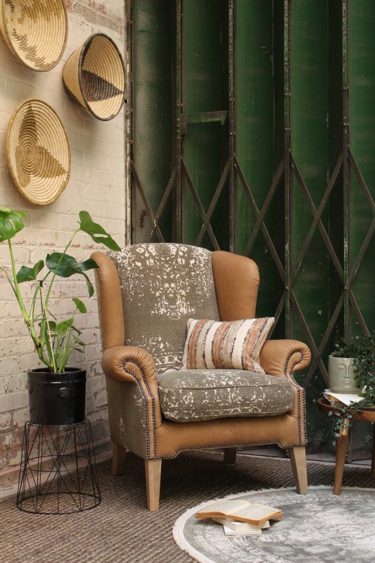 Tetrad Wing Chair Atacama Hide with Bagru Seat Cushions 