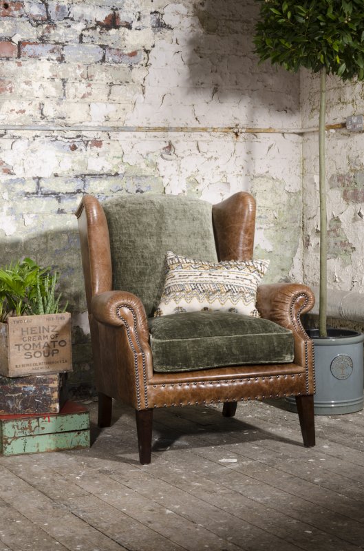 Wing Chair Display (Galveston Bark Hide with Coco Velvet Olive Seat Cushions)