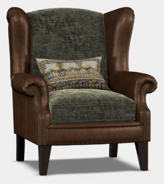 Wing Chair Display (Galveston Bark Hide with Coco Velvet Olive Seat Cushions)