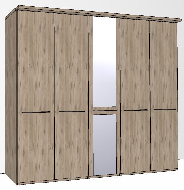 Hinged-door wardrobe with Cornice / 5 Door 1 mirrored doors / Handles in silver/