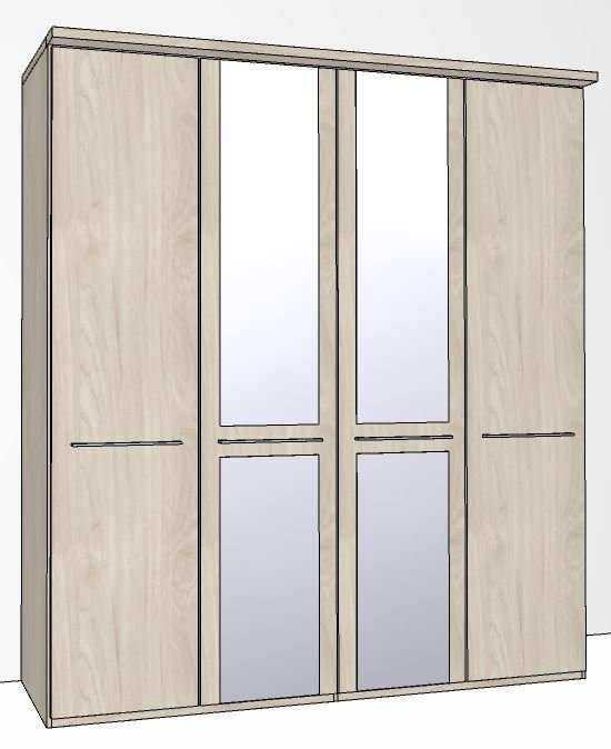 Hinged-door wardrobe with Cornice / 4 Door 2 mirrored doors / Handles in silver/