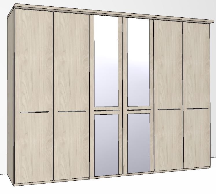 Zambia Hinged-door wardrobe with Cornice / 6 Door 2 mirrored doors / Handles in silver/