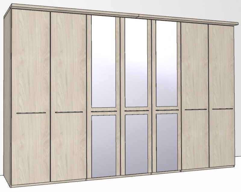 Zambia Hinged-door wardrobe with Cornice / 7 Door 3 mirrored doors / Handles in silver/