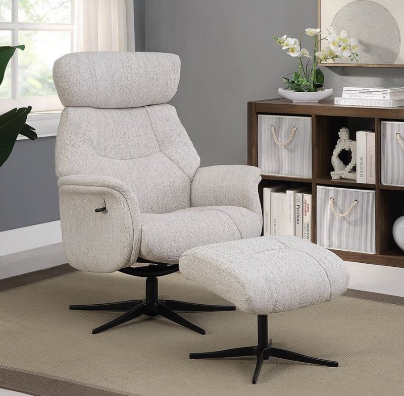 Swivel Recliner Chair & Footstool /Fabric:- Desert Sand / Black Star Base