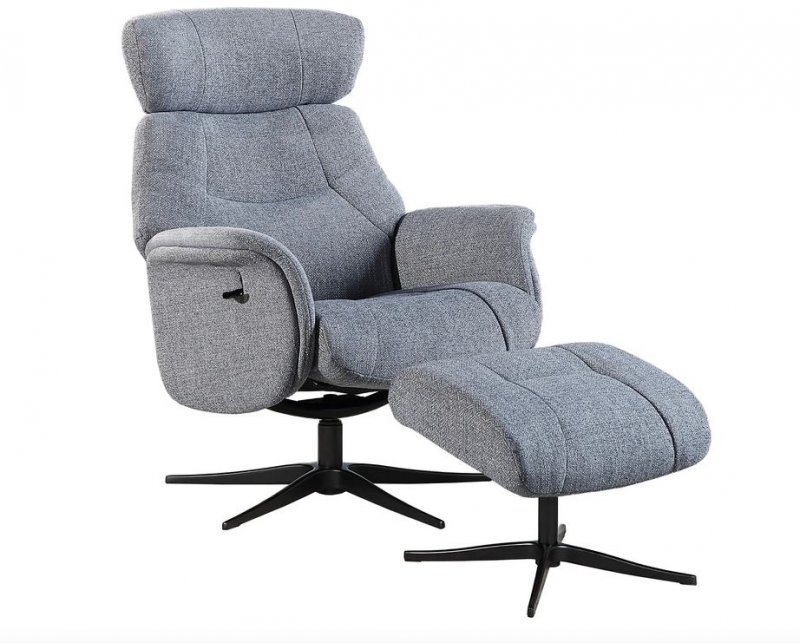 Ronda Swivel Recliner Chair & Footstool /Fabric:- Powder Blue / Black Star Base