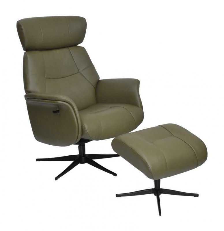 Ronda Swivel Recliner Chair & Footstool /Leather-Match:-Olive Green / Black Star Base