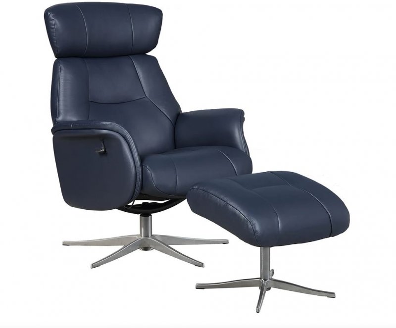 Ronda Swivel Recliner Chair & Footstool /Leather-Match:- Navy / Black Star Base