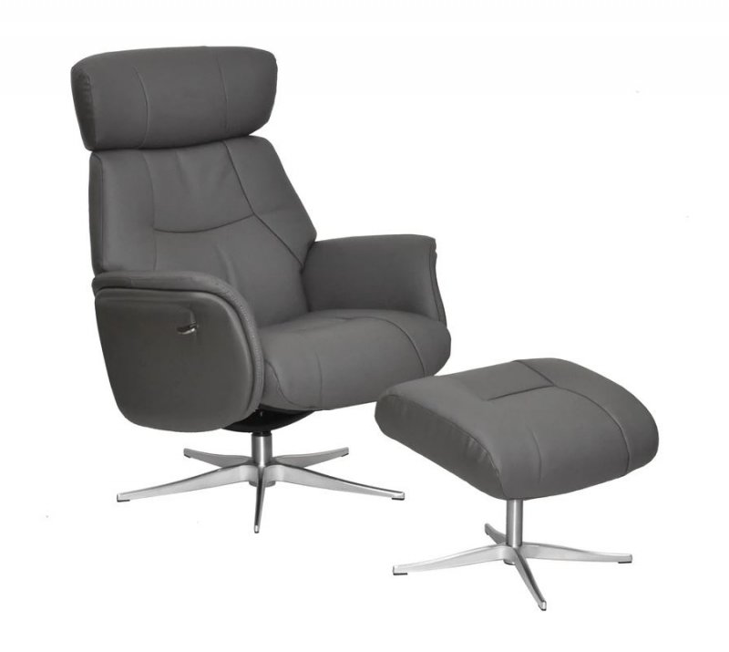 Swivel Recliner Chair & Footstool /Leather-Match:- Charcoal / Chrome Star Base