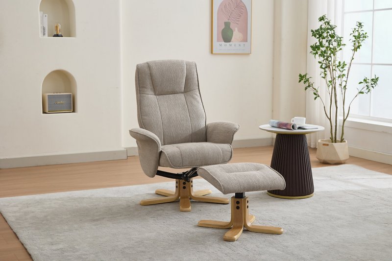 Marton Swivel Recliner Chair & Footstool - Camel Fabric