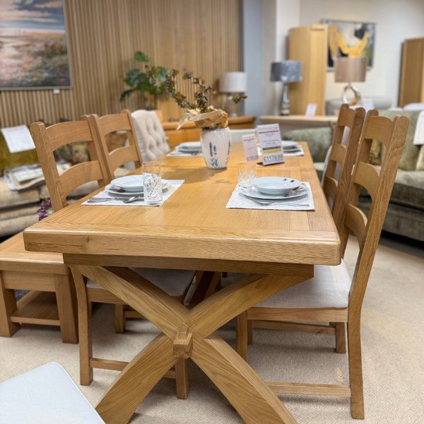 Tenby Oak Cross Leg Dining & 6 Ladder Back Chairs with Cushions