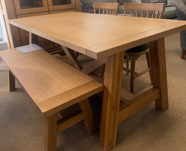 Deepdale 180cm Dining Table 2 x Extension 4 x Wooden Chairs 4 x Green Seat Pads 1 x 140cm Bench