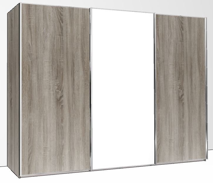 300cm Wide 3 Doors Handles in Silver 1 Centre Mirror Door